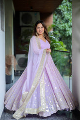 Attractive Lilac Blooming Foil Work Anarkali Gown