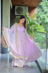 Attractive Lilac Blooming Foil Work Anarkali Gown