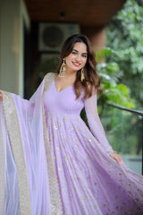Attractive Lilac Blooming Foil Work Anarkali Gown