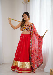 Ravishing Red Rayon Lagdi Patta Lehenga Choli
