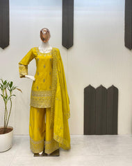 Lovely Yellow Chinon Sequence Work Palazzo Suit