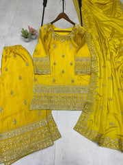 Lovely Yellow Chinon Sequence Work Palazzo Suit