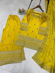 Lovely Yellow Chinon Sequence Work Palazzo Suit