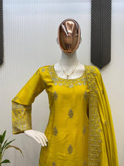 Lovely Yellow Chinon Sequence Work Palazzo Suit
