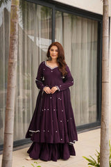 Pretty Purple Georgette Embroidery Work Sharara Suit