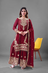 Trendy Red Georgette Work Sharara Suit