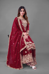 Trendy Red Georgette Work Sharara Suit