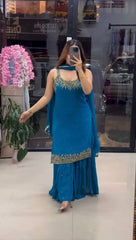 Trendy Red Georgette Embroidery Work Sharara Suit