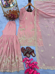 Alluring Pink Georgette Sequence Work Sharara Suit