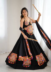 Lovely Black Rayon Gamthi Work Lehenga Choli