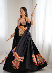 Lovely Black Rayon Gamthi Work Lehenga Choli