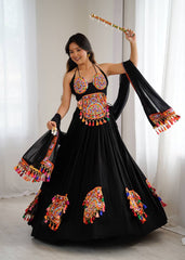 Lovely Black Rayon Gamthi Work Lehenga Choli