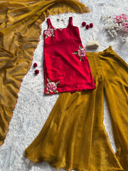 Lovely Red Silk with Paint Work Palazzo Suit