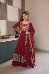 Lovely Red Georgette Embroidery Sharara Suit