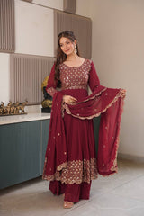 Lovely Red Georgette Embroidery Sharara Suit