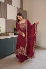 Lovely Red Georgette Embroidery Sharara Suit