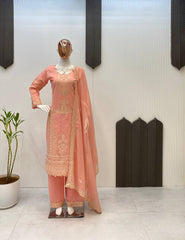 Graceful Peach Georgette Sequence Work Palazzo Suit