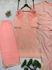 Graceful Peach Georgette Sequence Work Palazzo Suit