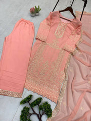 Graceful Peach Georgette Sequence Work Palazzo Suit