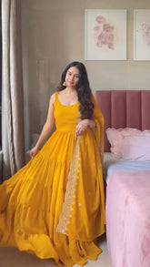 Lovely Yellow Georgette Lace Work Anarkali