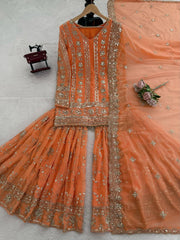 Lovely Orange Georgette Thread Work Sharara Suit