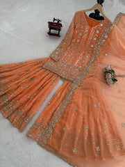 Lovely Orange Georgette Thread Work Sharara Suit