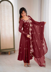 Ravishing Maroon Crunchy Silk with Embroidery Work Gown
