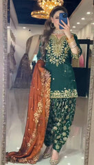 Stylish Green Chinon Silk Sequence Work Dhoti Suit