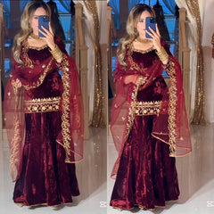 Charming Red Velvet Sequence Work Sharara Suit