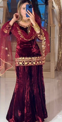 Trendy Maroon Velvet with Embroidery Work Sharara Suit