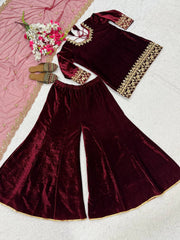 Trendy Maroon Velvet with Embroidery Work Sharara Suit