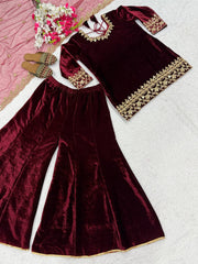 Trendy Maroon Velvet with Embroidery Work Sharara Suit