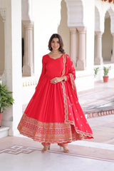 Pretty Red Silk with Embroidered Work Gown