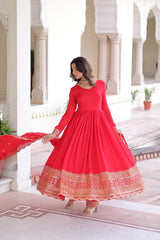 Pretty Red Silk with Embroidered Work Gown