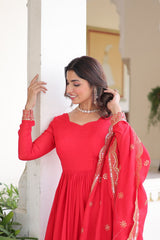 Exclusive Red Silk With Sequins Work Gown