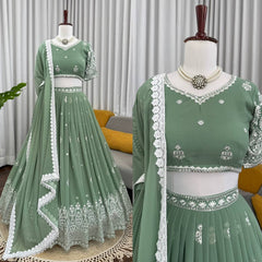Ravishing Green Georgette Thread Work Lehenga Choli