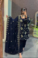 Pretty Blue Velvet Embroidery Work Palazzo Suit