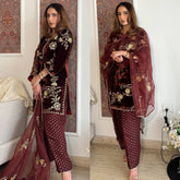 Lovely Maroon Velvet with Sequence Work Suit