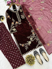 Ravishing Maroon Velvet Sequence Work Farshi Salwar