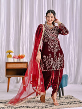 Stylish Maroon Velvet Embroidery Work Dhoti Suit