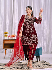 Stylish Maroon Velvet Embroidery Work Dhoti Suit