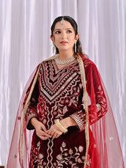 Ravishing Maroon Velvet Embroidery Dhoti Suit