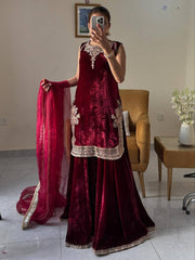 Exclusive Maroon Velvet with Embroidery Work Palazzo Suit