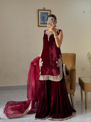 Ravishing Maroon Velvet with Embroidery Work Palazzo Suit