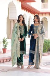 Pretty Blue Velvet with Zari Work Palazzo Suit