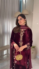 Lovely Maroon Velvet Sequence Work Palazzo Suit