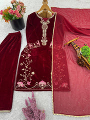 Lovely Maroon Velvet Sequence Work Palazzo Suit