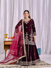 Ravishing Maroon Velvet Sequence Work Sharara Suit
