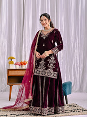 Ravishing Maroon Velvet Sequence Work Sharara Suit
