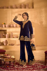Gorgeous Blue Velvet with Embroidery Work Palazzo Suit